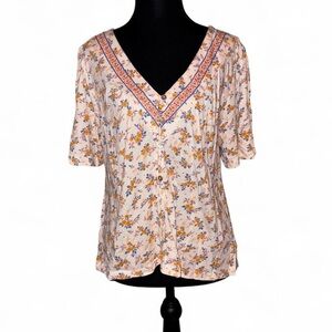 Lucky Brand Floral V-Neck Blouse - Cream and Orange